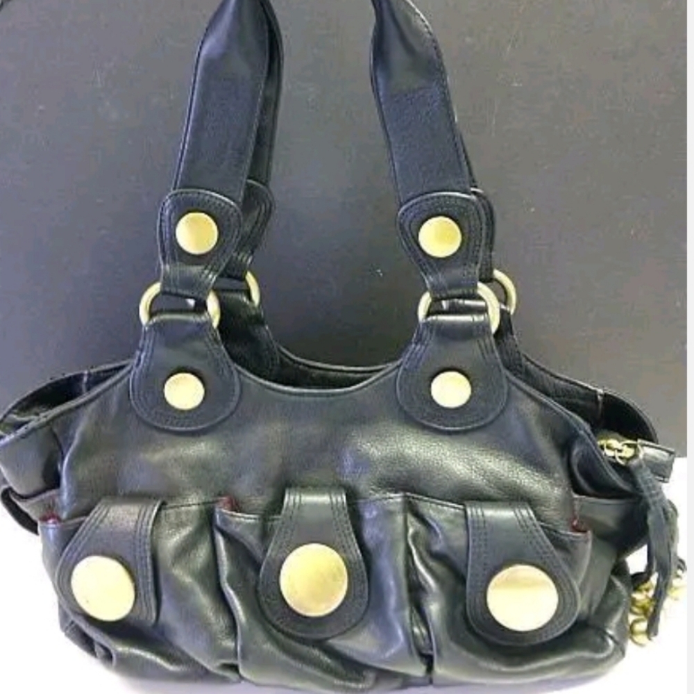SHIH Stephanie Lin Heavy Black Leather Shoulder Purse Bag Muti Pocket NWST